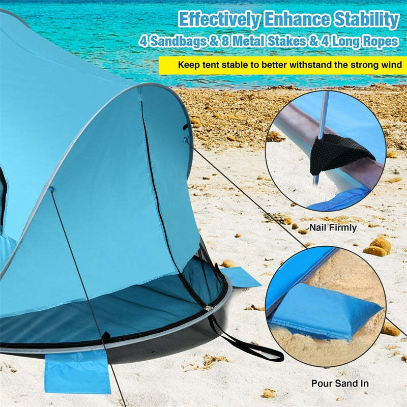3-4 Person Pop Up Beach Tent, Anti-UV UPF 50+ Portable Camping Sun Shelter with 2 Mesh Windows for Picnic, Hiking