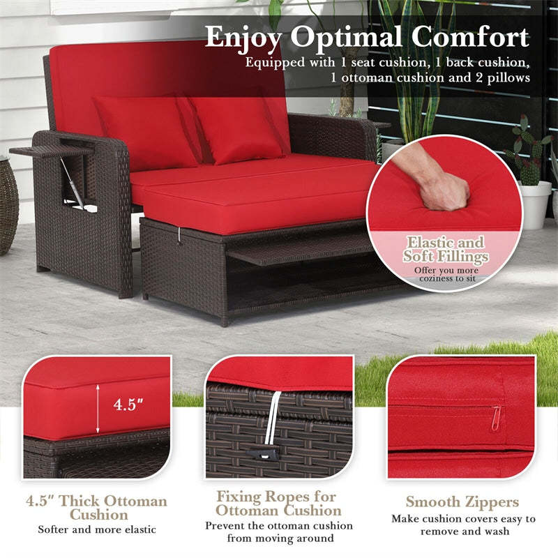 Patio Rattan Daybed Set, Outdoor Wicker Loveseat Sofa w/Multipurpose Ottoman, Retractable Side Tray, 4-Level Adjustable Backrest & Cushions