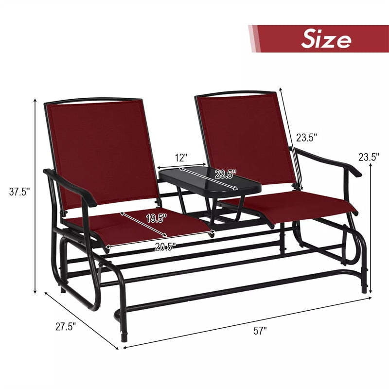 2-Person Outdoor Glider Chair with Center Tempered Glass Table, Steel Frame & Breathable Mesh, Patio Rocking Bench for Porch Garden Poolside