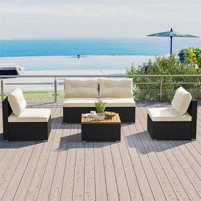 5 Piece PE Rattan Patio Sofa Set with Acacia Wood Top Coffee Table, Seat & Back Cushions, Wicker Outdoor Sectional Furniture for Backyard Garden