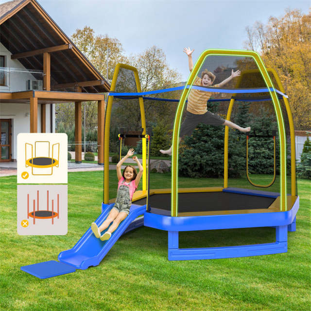 7FT Kids Trampoline, ASTM Approved Indoor Outdoor Recreational Trampoline with Safety Enclosure, Slide, Ladder & Ocean Balls for Toddlers