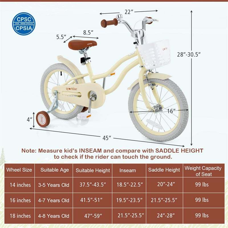 16" Kids Bike, Toddler Bicycle with Training Wheels, Adjustable Seat & Removable Basket, Boys Girls Bike for 3-8 Years Old