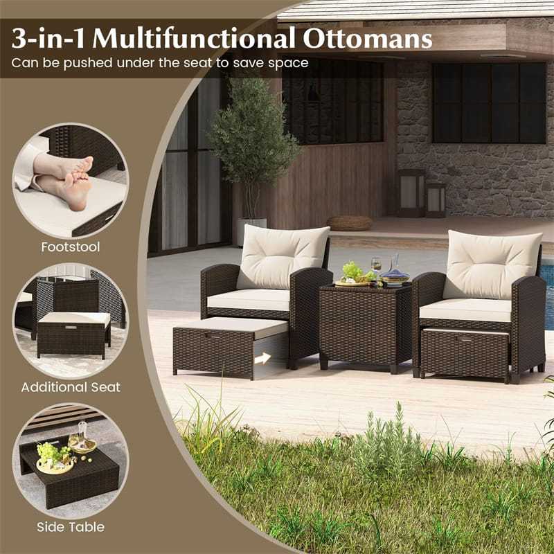 5 Piece Patio Rattan Furniture Set Wicker Cushioned Chairs Set with 2 Ottomans, Tempered Glass Coffee Table, Outdoor Sectional Conversation Set