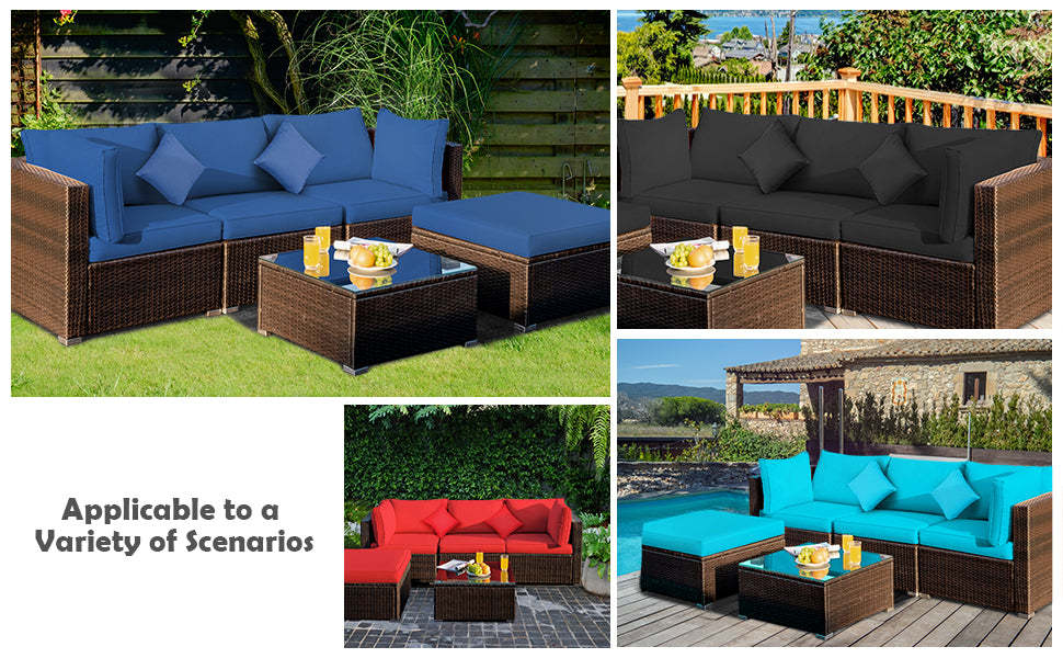 5 Piece Wicker Patio Rattan Furniture Set Outdoor Sectional Sofa with Glass Table & Cushions