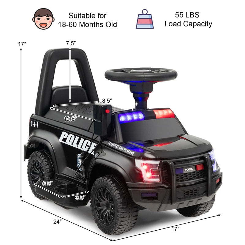 Kids Ride on Push Car 6V Electric Toddler Foot-to-Floor Police Push Car with Megaphone Lights Siren & Under Seat Storage