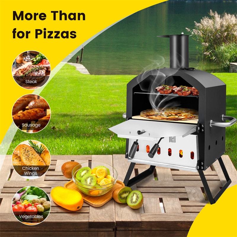 Wood Fired Pizza Oven 2-Layer Outdoor Pizza Maker Oven with Pizza Stone, Pizza Peel & Removable Cooking Rack