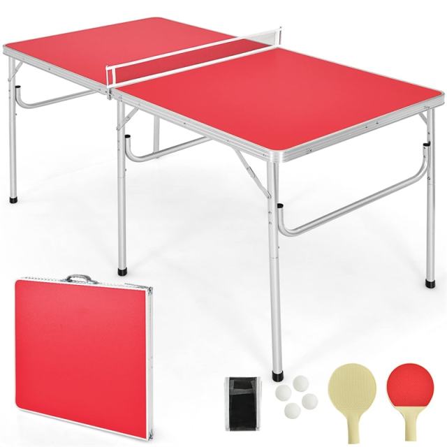 60" Portable Table Tennis Table, Folding Ping Pong Table with Net, 2 Paddles & 4 Balls, Multipurpose Freestanding Table for Indoor Outdoor Use