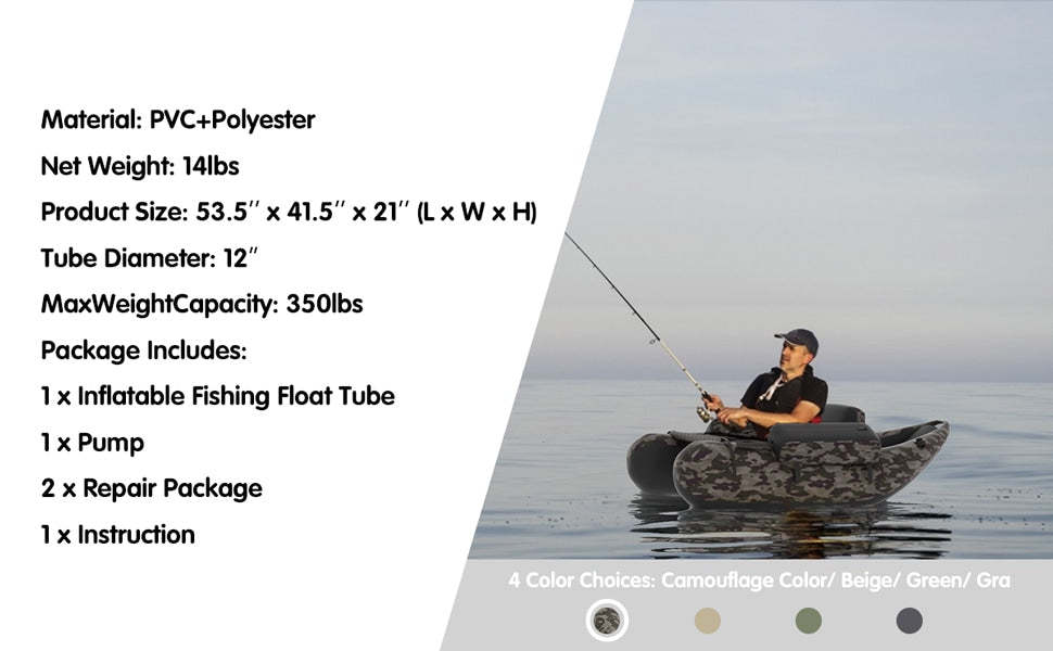 Fishing Float Tube 350lbs Inflatable Fishing Boat Portable Backpack Belly Boat with Pump, Paddle, Fish Ruler, Flippers & Storage Pockets