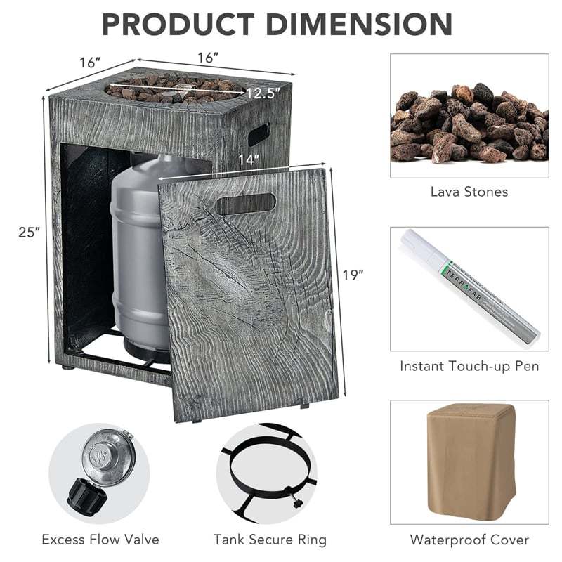 16" Square Propane Fire Pit, 30,000 BTU Auto-Ignition Outdoor Gas Fire Pit with Protective Cover, Touch-up Pen & Lava Rocks