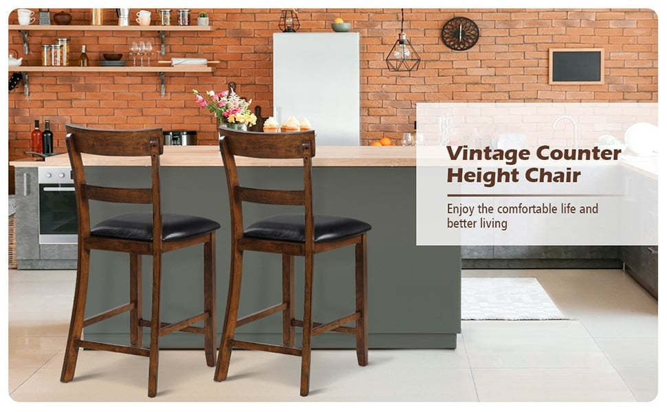 Rubber Wood Bar Stools Set of 2 25.5" Counter Height Dining Chairs with Leather Cushioned Seats & Backrests for Kitchen Living Room