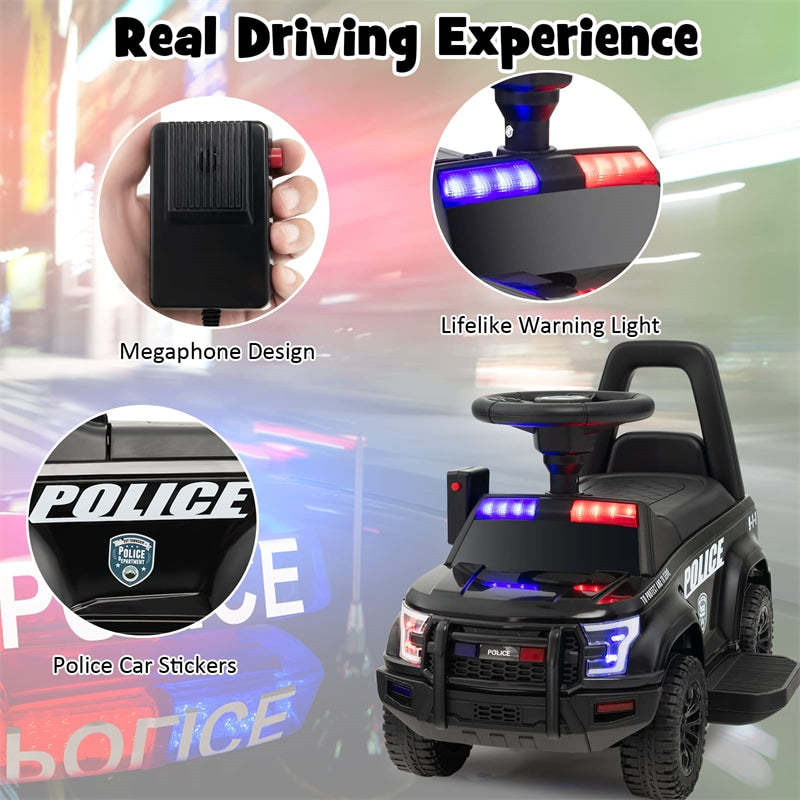 6V Electric Ride on Police Car 2-in-1 Toddler Push Car with Megaphone Siren Under Seat Storage