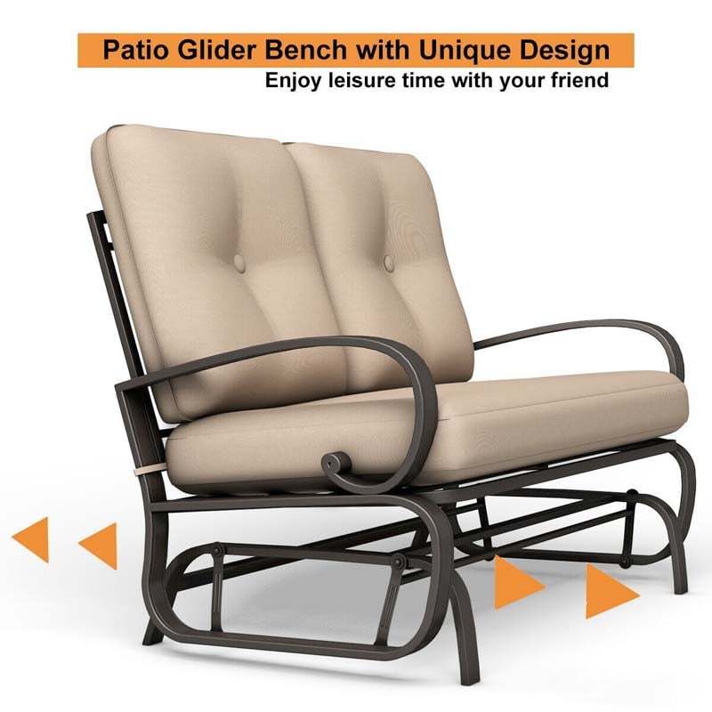 2-Person Outdoor Glider Bench with Thick Removable Cushions & Steel Frame, Patio Swing Glider Loveseat for Poolside, Porch, Garden, Balcony