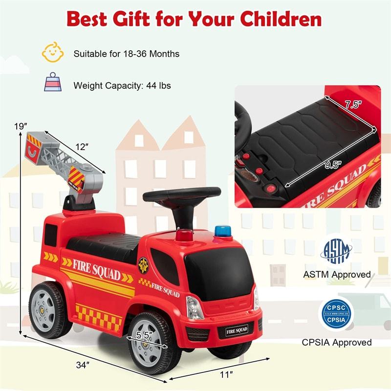 Kids Ride On Fire Truck Foot-to-Floor Sliding Push Car for Toddlers with Ladder Bubble Maker Headlights Music