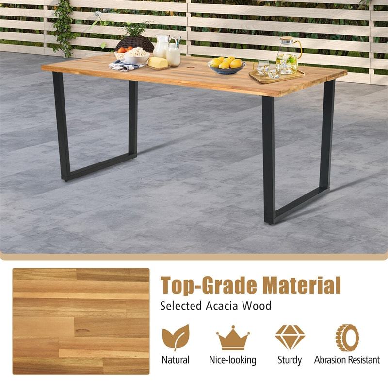 Acacia Wood Patio Dining Table 6 Person Rectangle Indoor Outdoor Table with 2” Umbrella Hole & Metal Legs