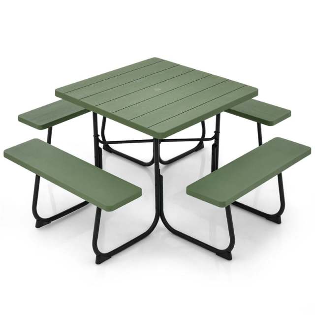 8-Person Picnic Table Set, Square Outdoor Table with 4 Built-in Benches, Umbrella Hole, HDPE Top, Metal Frame, 500LBS Capacity for Garden Patio