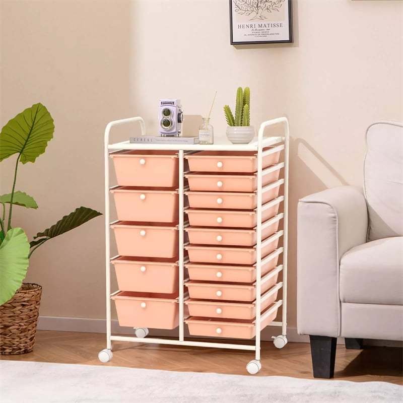 15-Drawer Rolling Storage Cart, Art &  Craft Organizer with Wheels & Removable Drawers for Tools, Scrapbook Paper, Home Office School