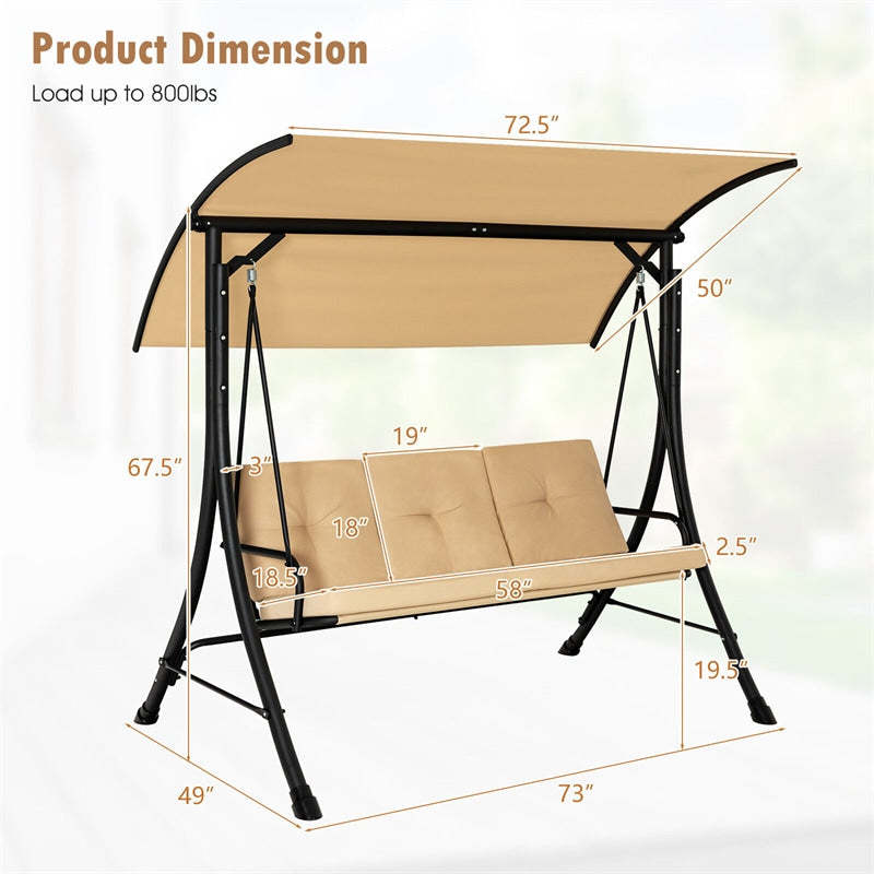 3-Seat Outdoor Porch Swing with Adjustable Canopy & Removable Cushions, Steel Frame Patio Swing for Garden, Backyard, Balcony, Poolside