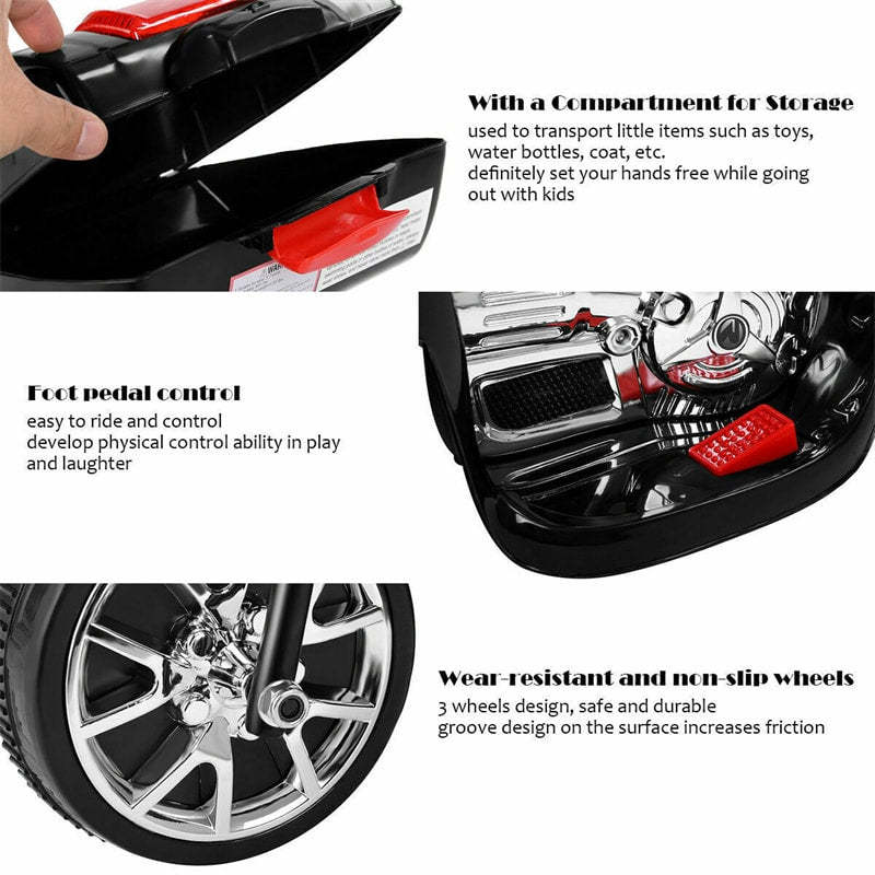 6V Kids Ride-On Motorcycle, Battery Powered 3-Wheel Motorcycle with LED Headlights, Music, Storage Trunk, Electric Motorcycle Toy for Boys/Girls he1