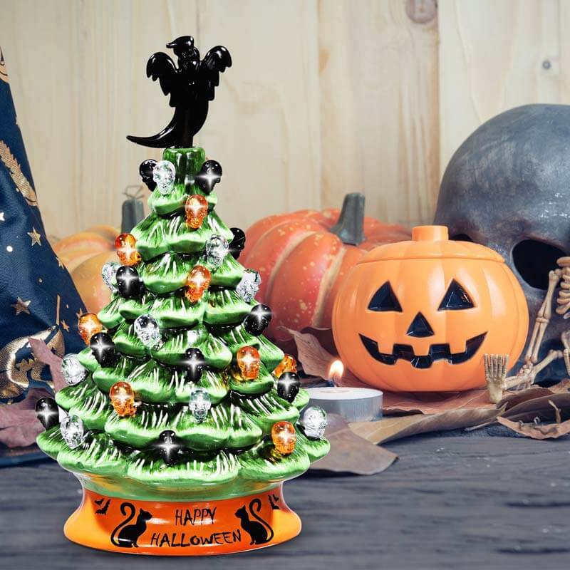 11.5 Inch Hand-Painted Green Tabletop Ceramic Halloween Tree with 12 Built-in Lights