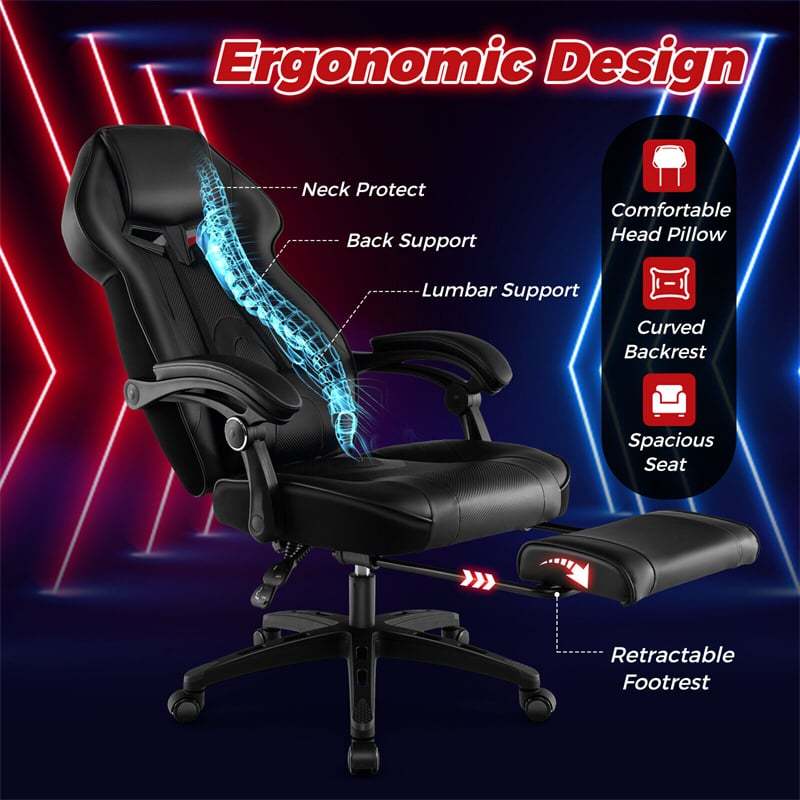 E-Sports Gaming Chair Ergonomic Racing Style Office Computer Chair Height Adjustable Reclining Video Game Chair with Lumbar Support & Footrest