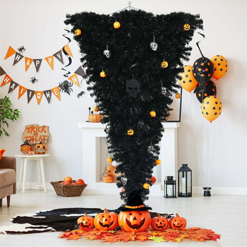 7FT Upside Down Artificial Christmas Tree Black Halloween Tree for Holiday Decorations with 400 Purple LED Lights