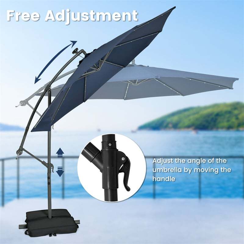 10FT Solar Offset Patio Umbrella, Hanging Cantilever Umbrella with 32 LED Lights, Adjustable Tilt, Sand Bag Base for Garden, Poolside, Yard