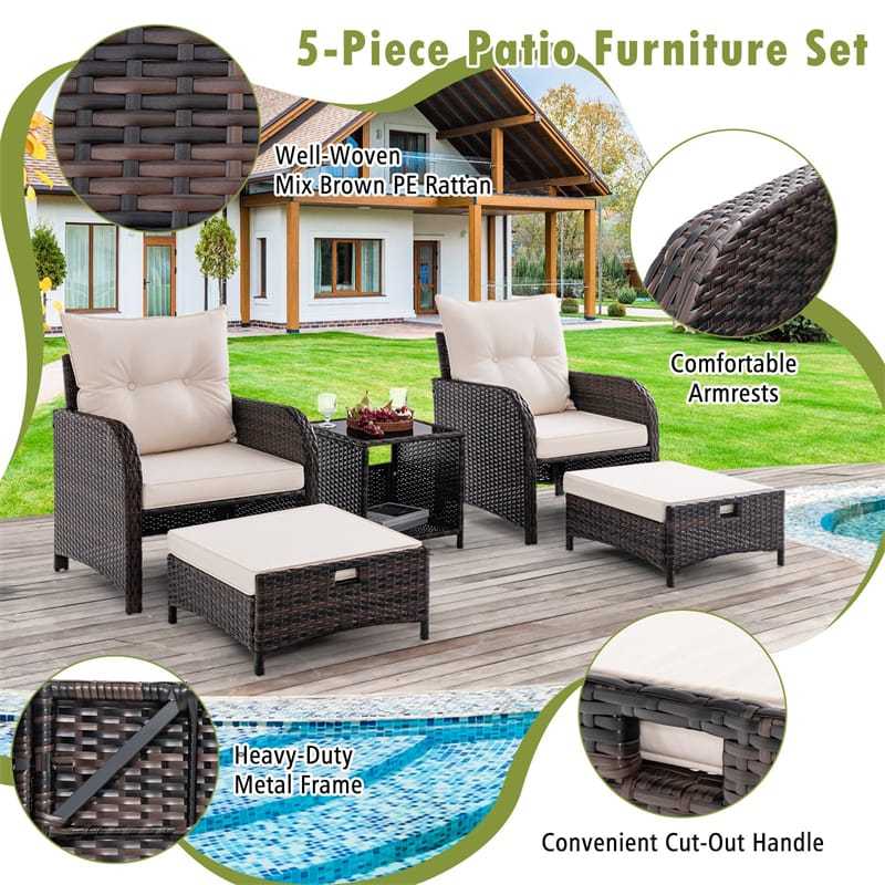 5PCS Wicker Patio Conversation Set Space Saving Rattan Sofa Set Outdoor Cushioned Chairs with 2 Ottomans & Tempered Glass Coffee Table for Backyard