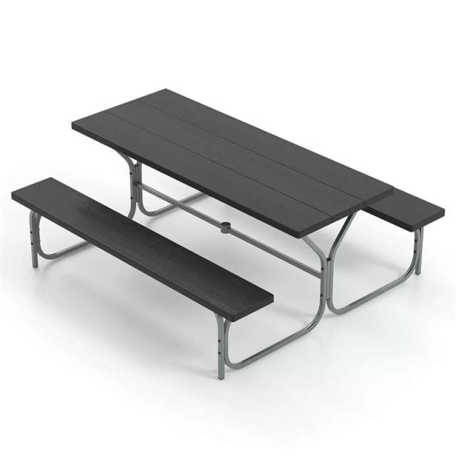 6FT Picnic Table & Bench Set for 8-Person, Heavy Duty Weather-Resistant Outdoor Dining Table with Umbrella Hole HDPE Tabletop & Built-in Benches