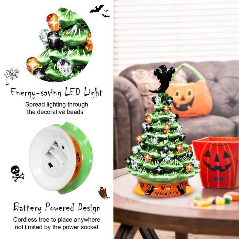 11.5 Inch Hand-Painted Green Tabletop Ceramic Halloween Tree with 12 Built-in Lights