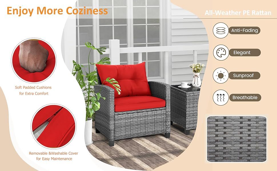 3PCS Patio Rattan Furniture Set Outdoor Conversation Set Wicker Bistro Set with Cushioned Chairs & Tempered Glass Side Table