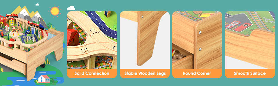 Kids Wooden Train Set Table with 100 Multicolor Pieces Activity Table and Storage Drawer