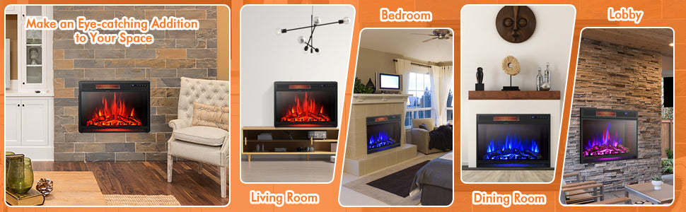 25" Electric Fireplace Insert 1350W Freestanding & Recessed Fireplace Heater with Remote Control & 3 Flame Colors