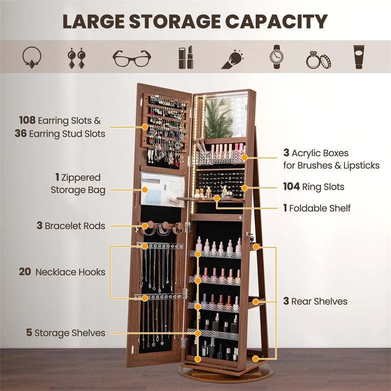 360° Swivel Jewelry Armoire with Full Length Mirror, Adjustable 3-Color LED Lights & Storage Rack, Lockable Standing Jewelry Cabinet Organizer