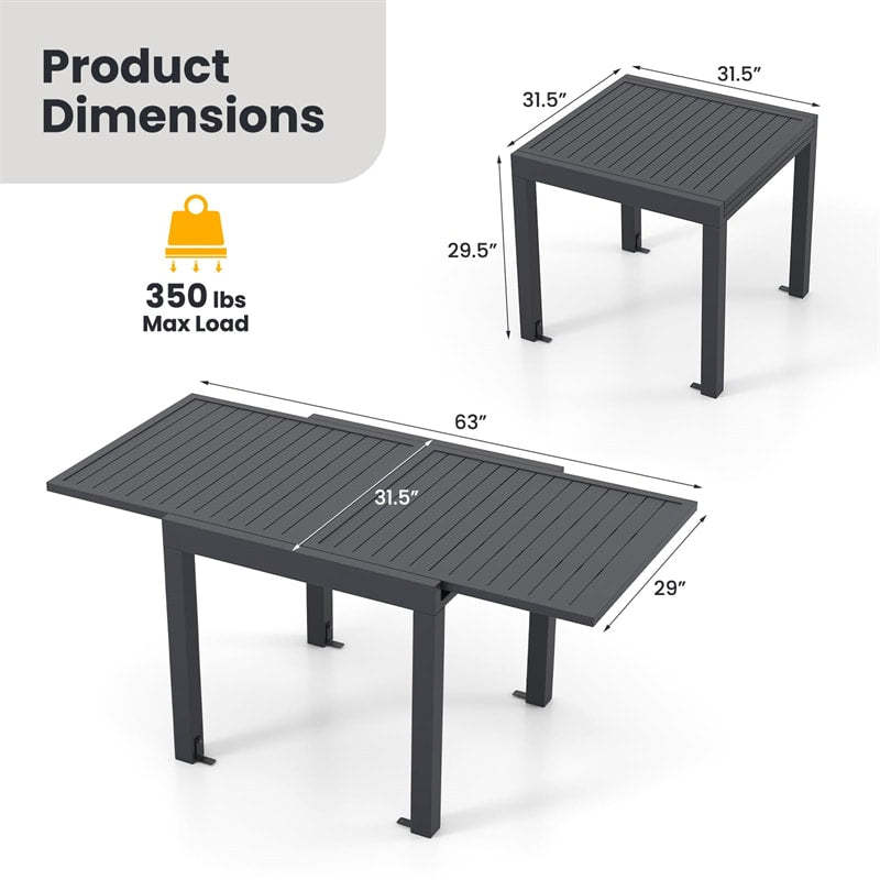 Extendable Outdoor Dining Table for 4-6, All-weather Aluminum 31.5"-63" Expandable Patio Dining Table with Slatted Tabletop for Backyard Garden Deck