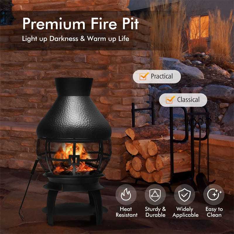 Wood Burning Chiminea, Cast Iron Outdoor Fireplace Fire Pit with 2-Piece Log Grate, 360° Fire Retardant Mesh Cover, Rain Cap & Poker for Garden Patio