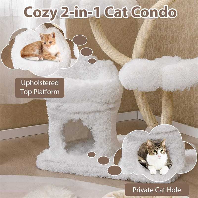 65" Tall Multi-Level Cat Tree, Freestanding Cat Tower w/2-in-1 Cat Condo, Plush Flower Platforms & Sisal Scratching Posts for Large Indoor Cats