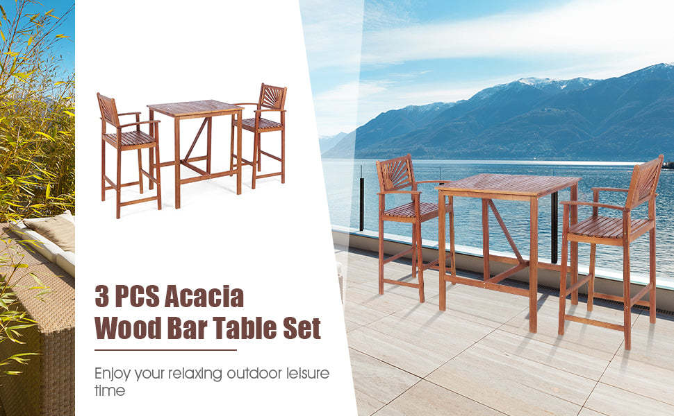 3 Piece Patio Bar Table Stool Set Wood Outdoor Dining Set