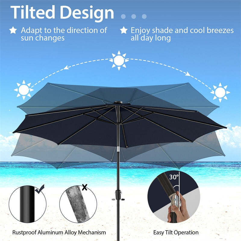 10FT Lighted Patio Umbrella Outdoor Table Market Umbrella with 112 Solar Lights Crank Lifting Handle Tilt System