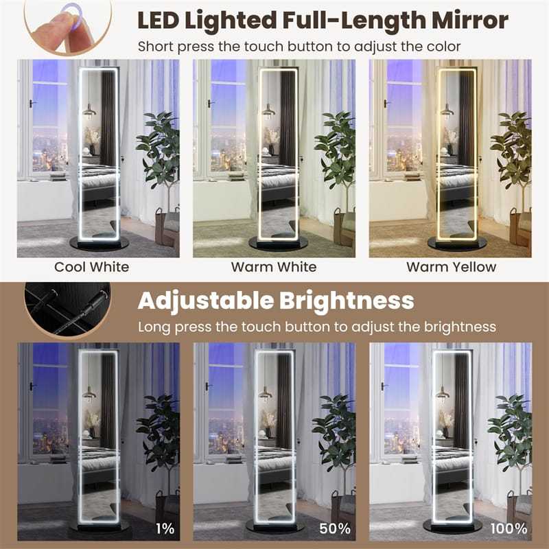 360° Swivel Jewelry Armoire with Full Length Mirror, Adjustable 3-Color LED Lights & Storage Rack, Lockable Standing Jewelry Cabinet Organizer