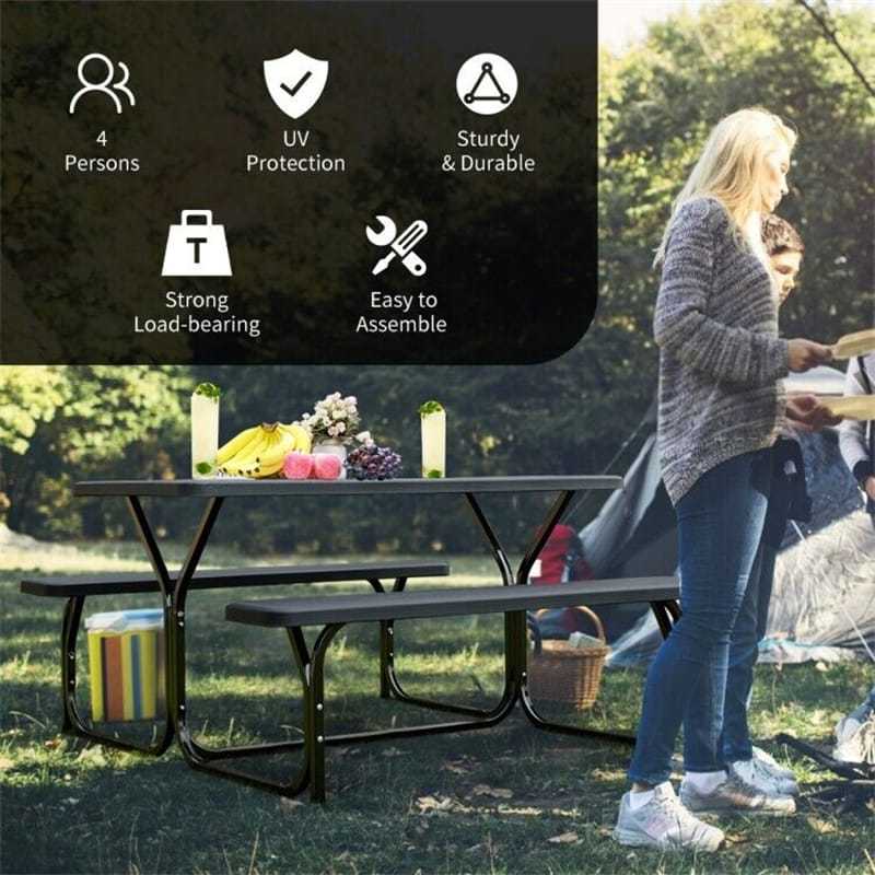 Outdoor Picnic Table Bench Set, All-Weather Metal Frame Camping Table with Built-in Benches & Wood-Like Tabletop for Backyard, Patio, Poolside