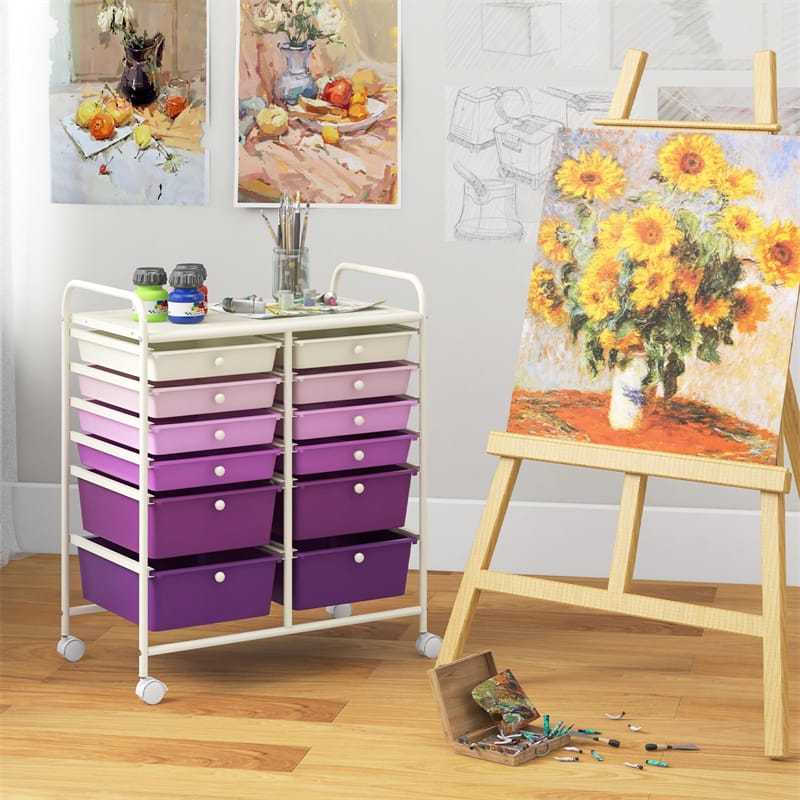 12-Drawer Rolling Storage Cart, Multipurpose Organizer Cart with Lockable Casters, Mobile Utility Cart for School Office Beauty Salon