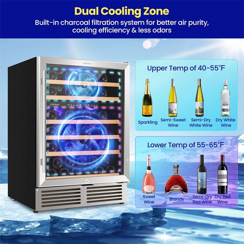 24" Dual Zone Wine Cooler, 51-Bottle Built-in & Under Counter Wine Fridge with Tempered Glass Door & Lock, Freestanding Wine Refrigerator for Home Bar