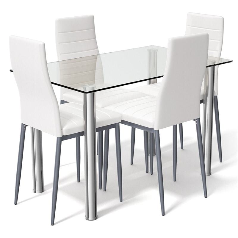 5 Piece Modern Dining Room Set with Tempered Glass Top Dining Table & 4 Leather Chairs, Kitchen Table and Chairs Set for 4