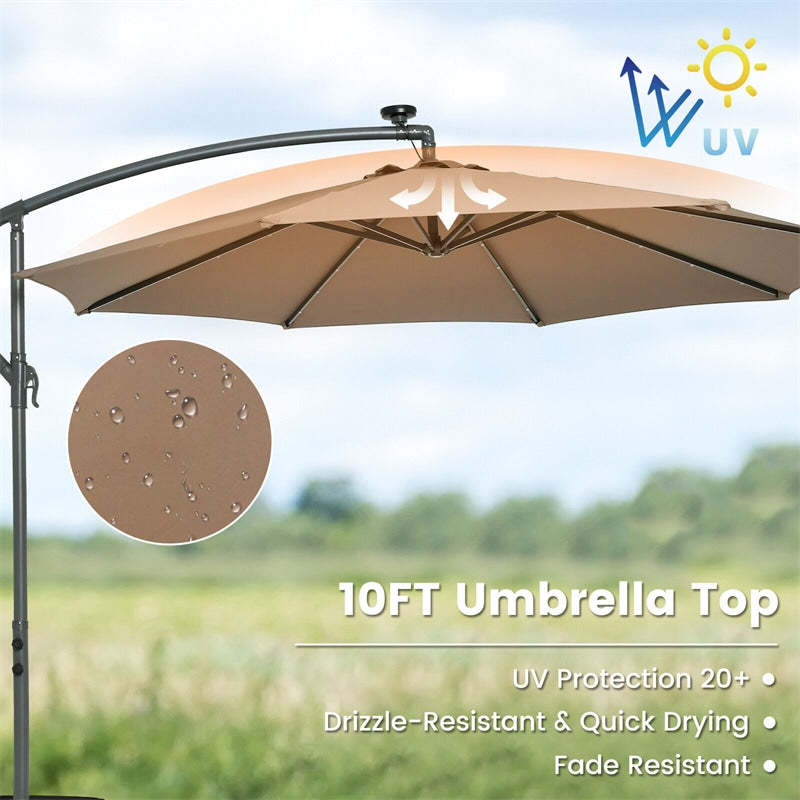 10FT Solar Offset Patio Umbrella, Hanging Cantilever Umbrella with 32 LED Lights, Adjustable Tilt, Sand Bag Base for Garden, Poolside, Yard