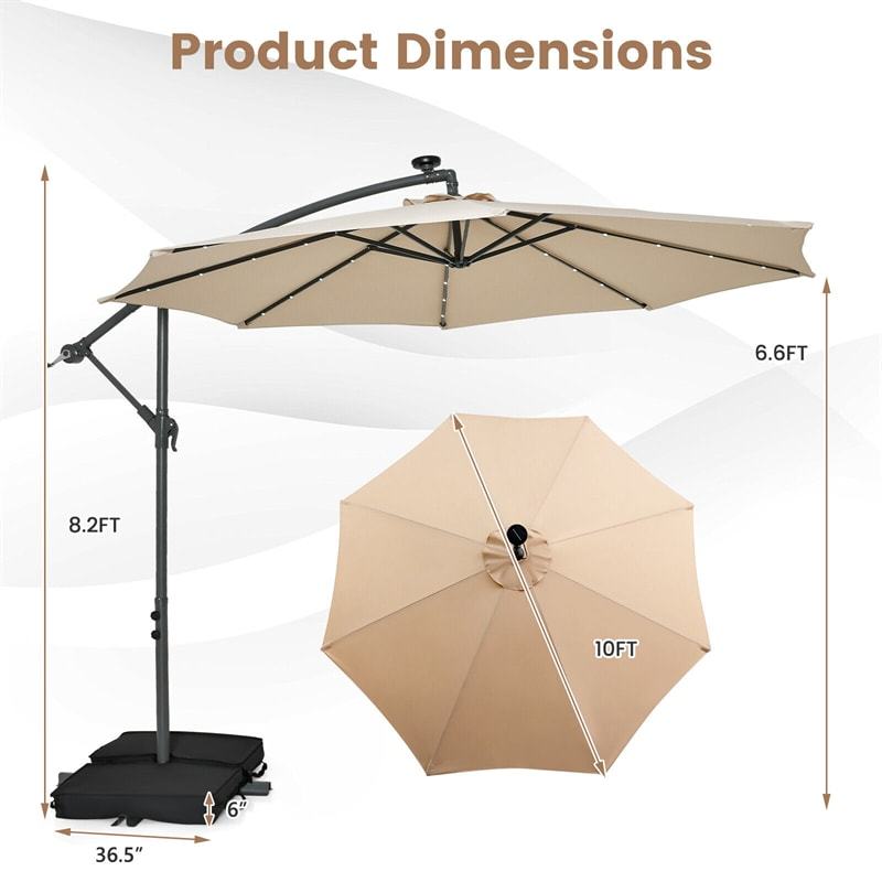10FT Solar Offset Patio Umbrella, Hanging Cantilever Umbrella with 32 LED Lights, Adjustable Tilt, Sand Bag Base for Garden, Poolside, Yard