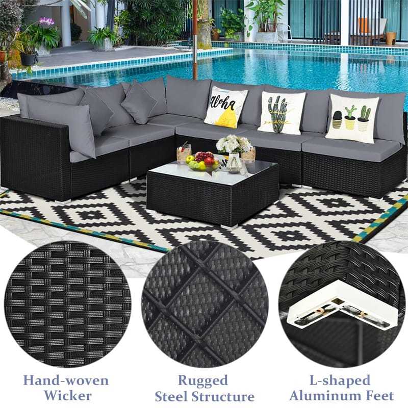 7-Piece PE Rattan Outdoor Sectional Sofa with Tempered Glass Top Table & Cushions, Wicker Patio Furniture Set for Garden Poolside Balcony