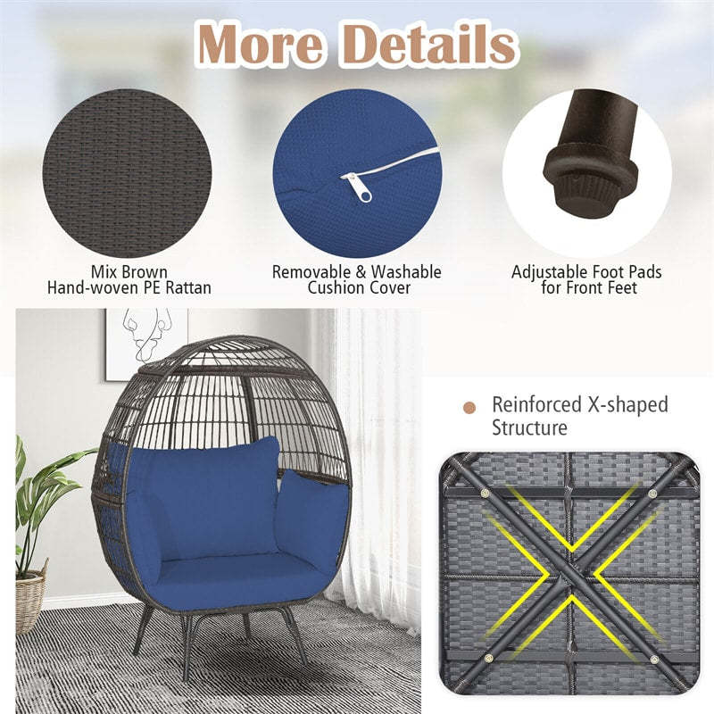 Oversized Wicker Egg Chair, Indoor/Outdoor PE Rattan Basket Lounge Chair with 4 Cushions, Steel Frame, 450LBS Capacity for Patio, Backyard