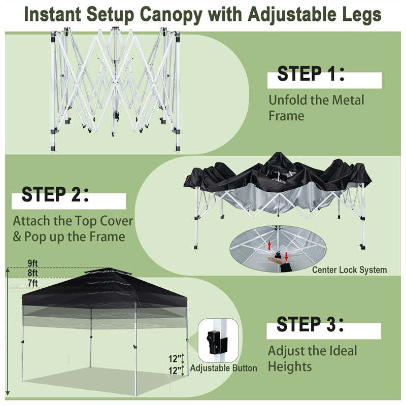 10' x 10' Outdoor Pop Up Canopy Tent 2-Tier Folding Instant Shelter Canopy with Center Lock & Wheeled Carry Bag