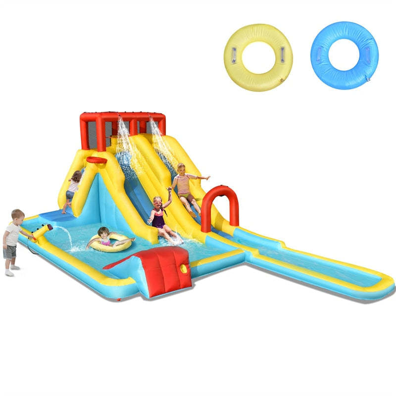 7-in-1 Inflatable Water Slide Mega Double Long Slide Waterslide Park Bounce House with Climbing Wall, Large Splash Pool without Blower