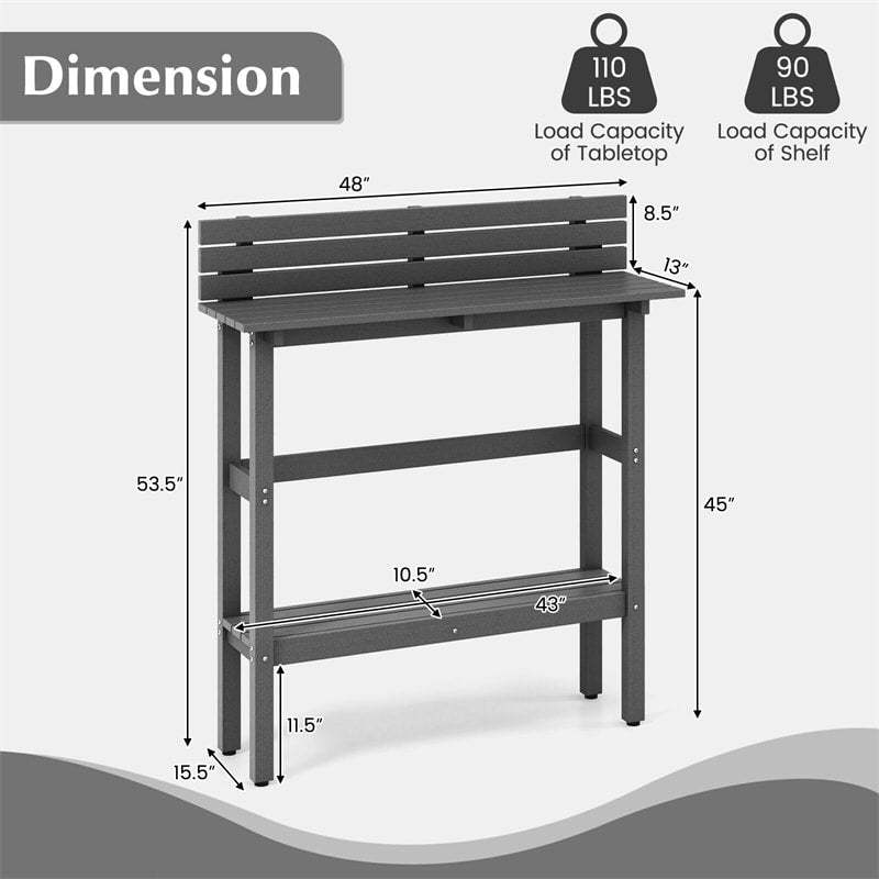 Outdoor Bar Table 48" Pub Height Patio Table All-Weather Narrow Dining Table with Storage Shelf & Adjustable Foot Pads